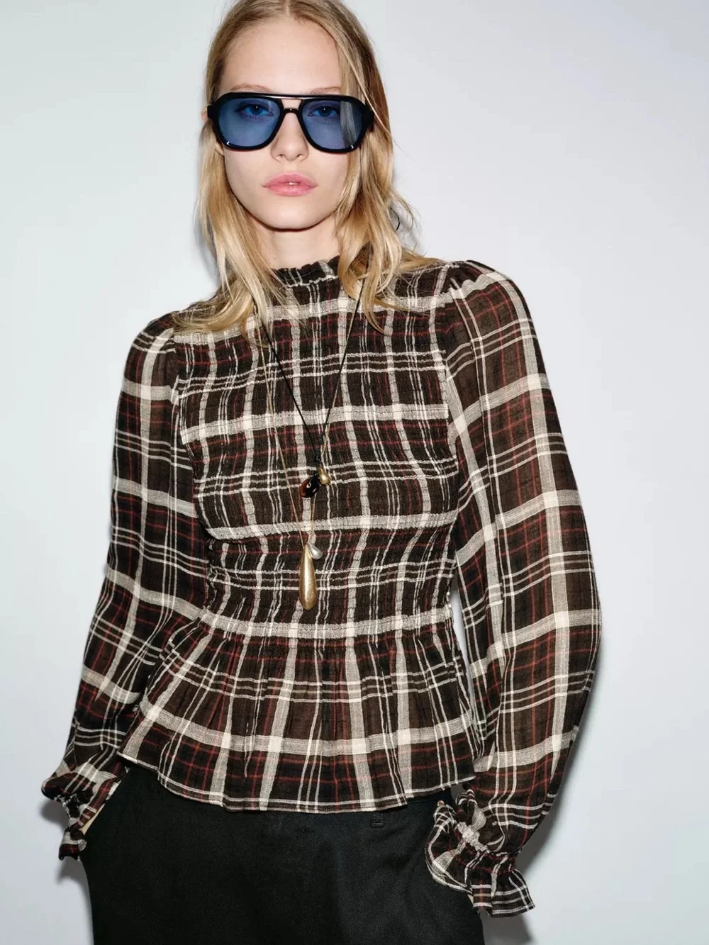 Zara Brown Plaid Smocked Peplum Blouse